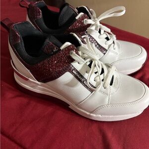 Michael Kors Women's White and Burgundy Glitter Sneakers